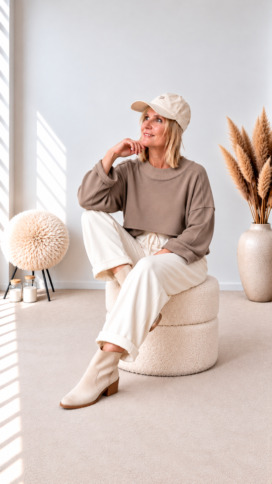 SWEATSHIRT KURZ MIT STRICK- HALSBÜNDCHEN "TAUPE"