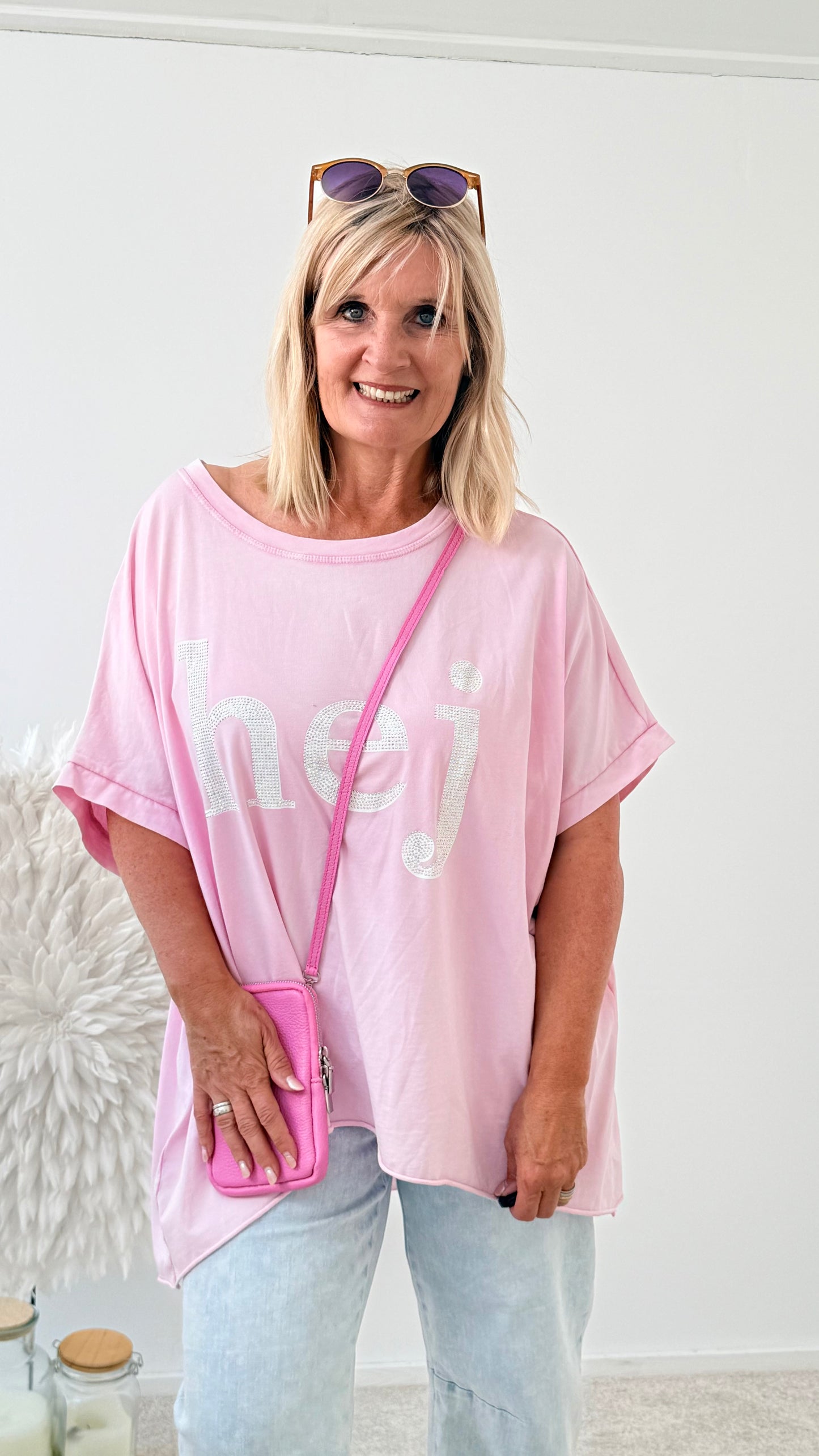 OVERSIZE SHIRT" HEJ" MIT STEINCHEN ROSA