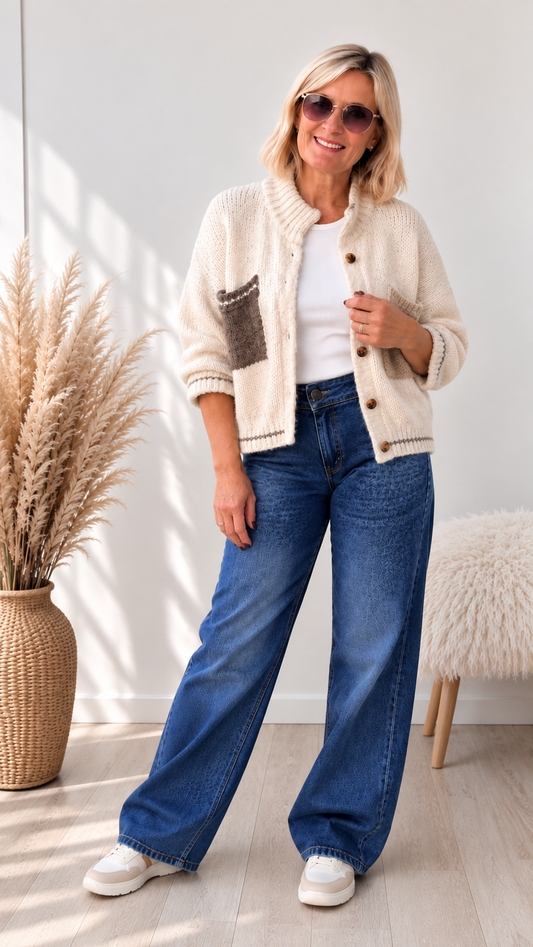 STRICKJACKE MIT FARBIGEN TASCHEN