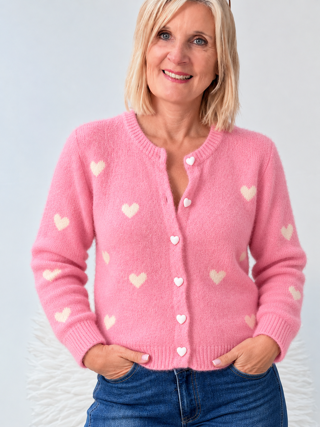 KURZ GESCHNITTENE STRICKJACKE MIT HERZEN "ROSA"