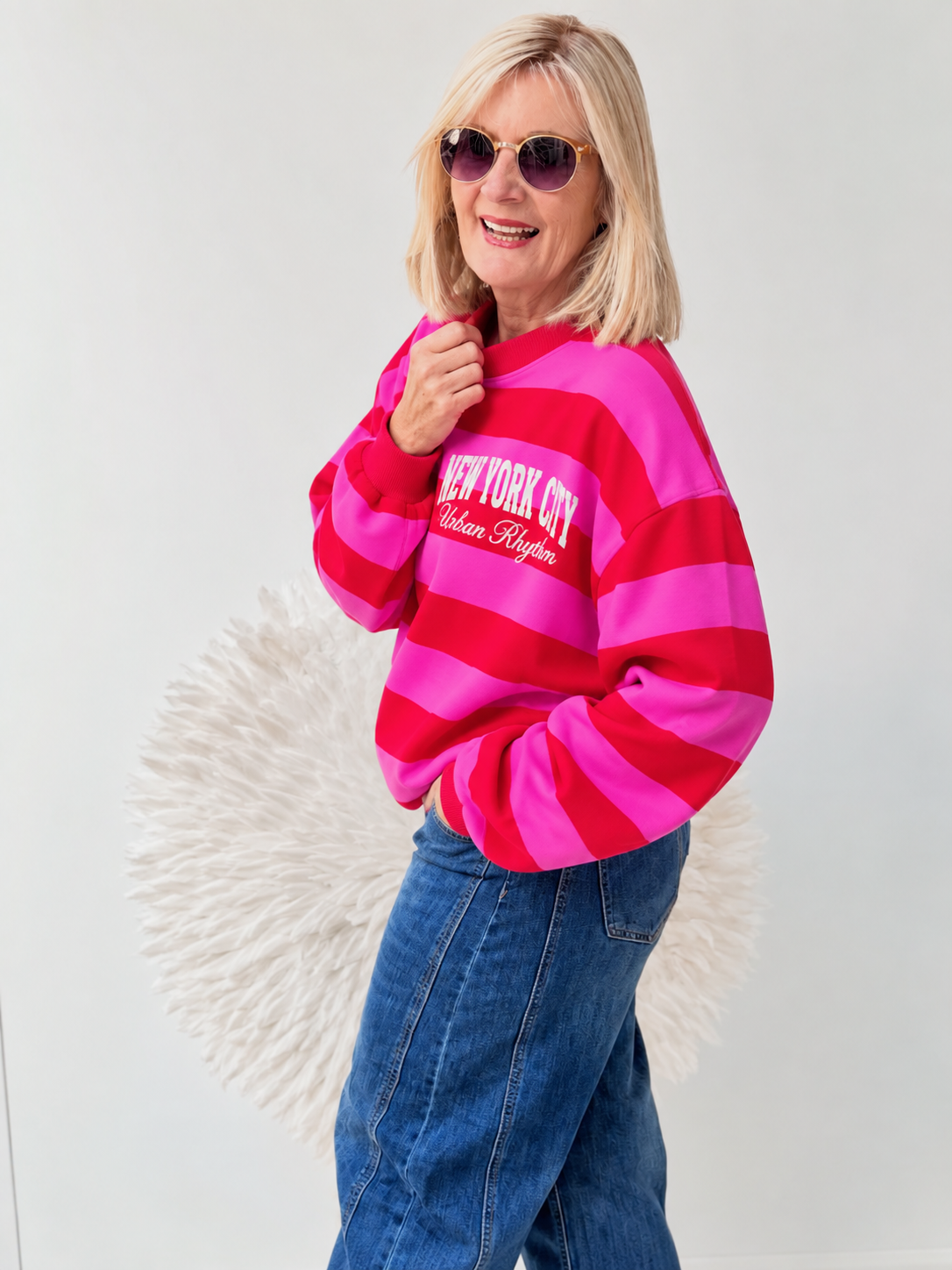 SWEATSHIRT GESTREIFT " PINK/ROT" MIT ROSA SCHRIFT