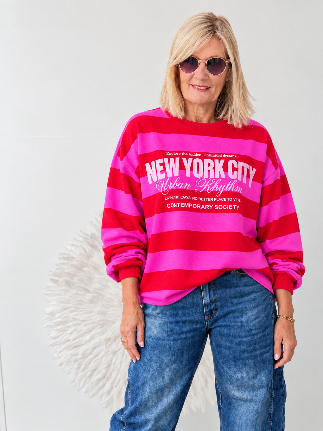 SWEATSHIRT GESTREIFT " PINK/ROT" MIT ROSA SCHRIFT