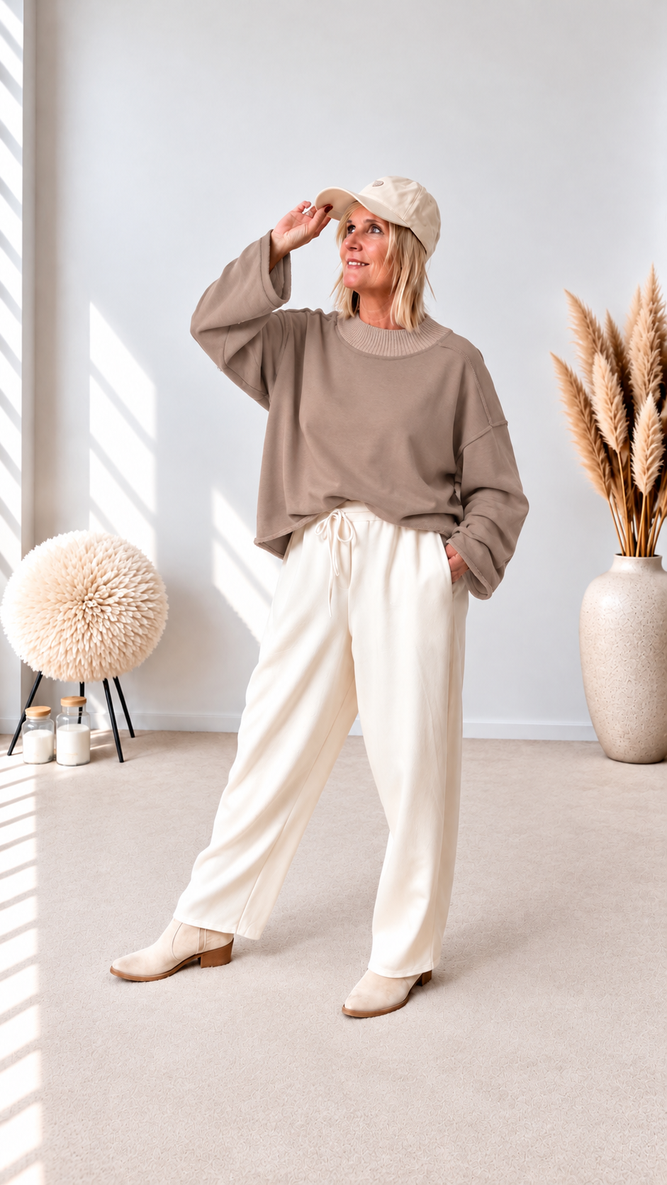 SWEATSHIRT KURZ MIT STRICK- HALSBÜNDCHEN "TAUPE"
