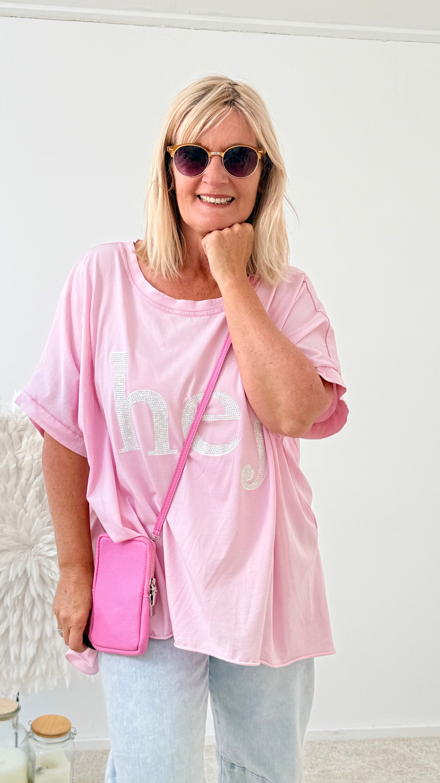 OVERSIZE SHIRT" HEJ" MIT STEINCHEN ROSA