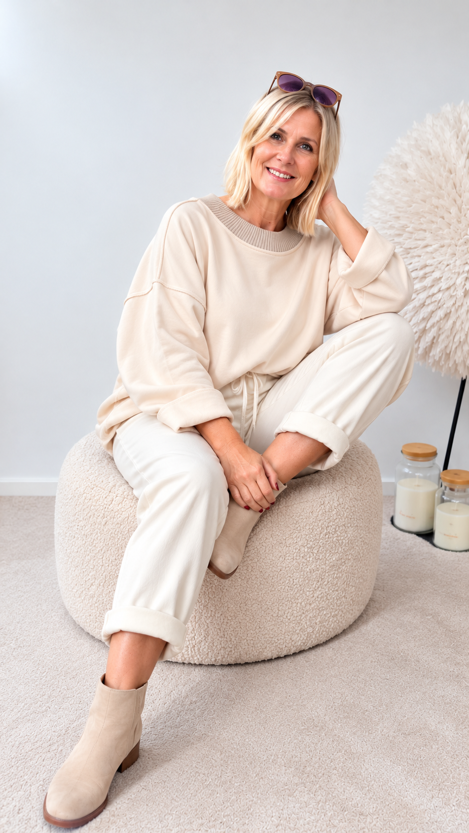SWEATSHIRT KURZ MIT STRICK- HALSBÜNDCHEN "BEIGE"