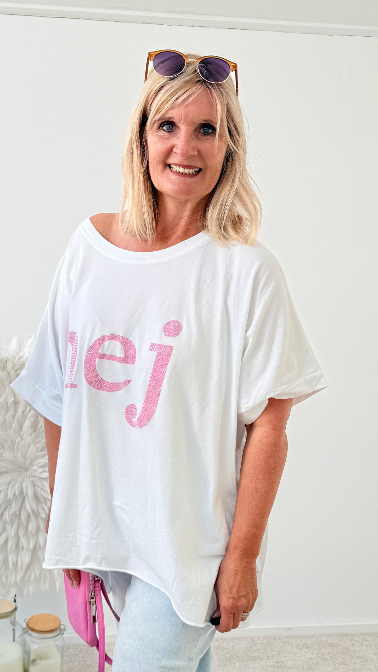 OVERSIZE SHIRT" HEJ" MIT STEINCHEN WEIß