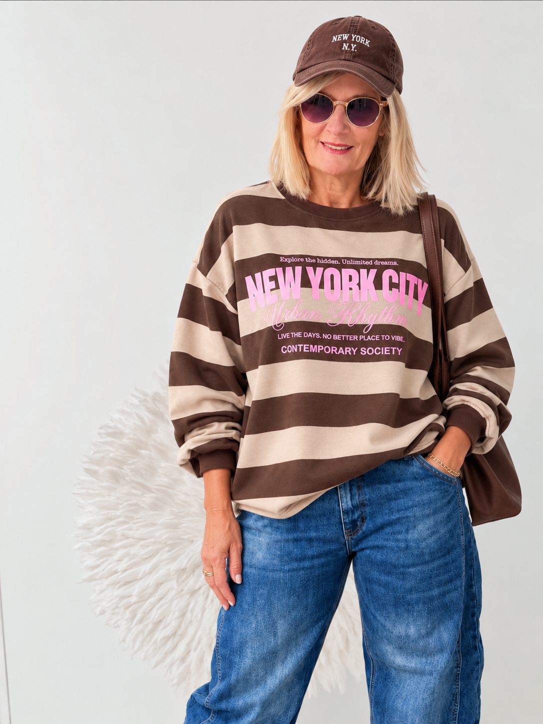 SWEATSHIRT GESTREIFT " BRAUN/BEIGE" MIT ROSA SCHRIFT