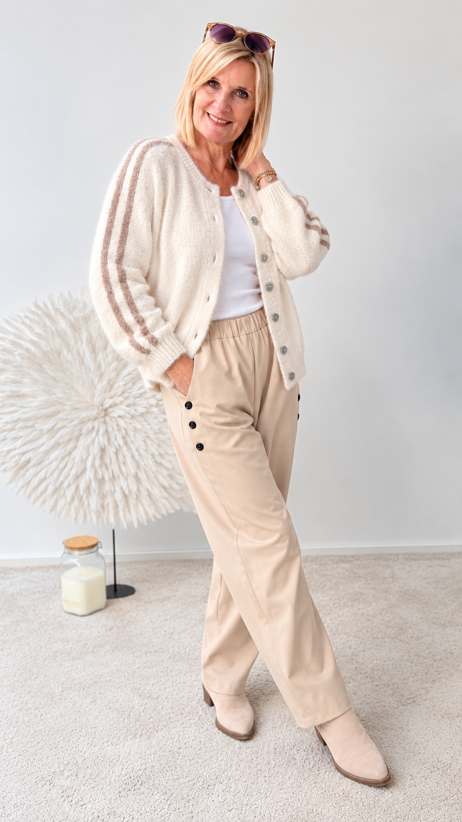 STRICKJACKE MIT BRAUNEN STREIFEN "BEIGE"