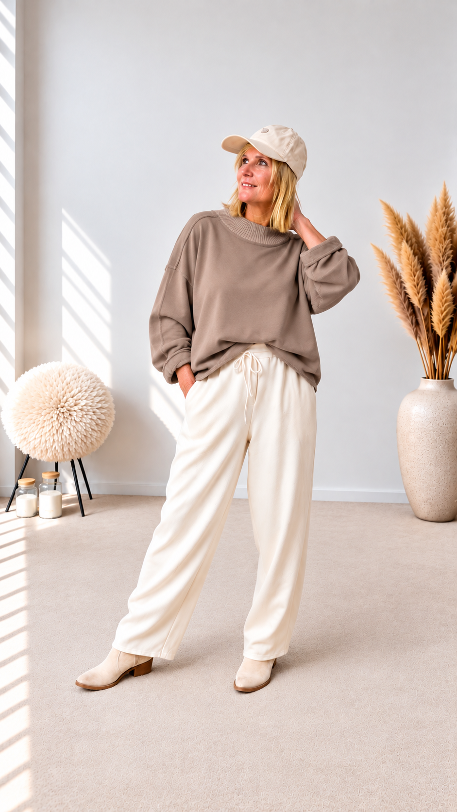 SWEATSHIRT KURZ MIT STRICK- HALSBÜNDCHEN "TAUPE"