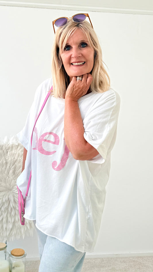 OVERSIZE SHIRT" HEJ" MIT STEINCHEN WEIß