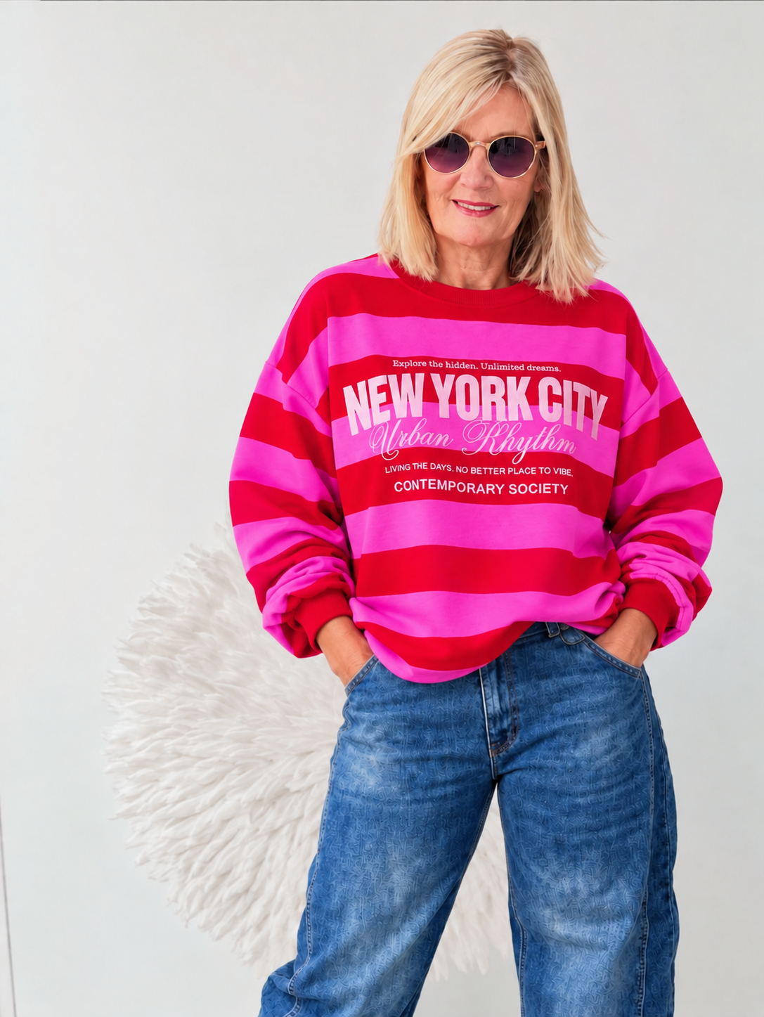 SWEATSHIRT GESTREIFT " PINK/ROT" MIT ROSA SCHRIFT