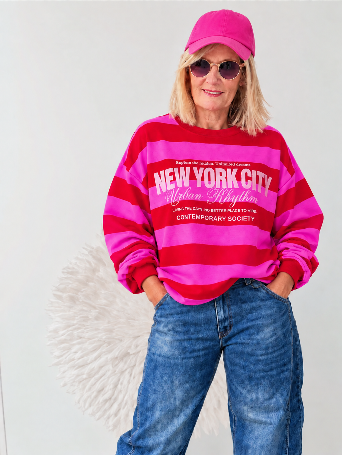 SWEATSHIRT GESTREIFT " PINK/ROT" MIT ROSA SCHRIFT