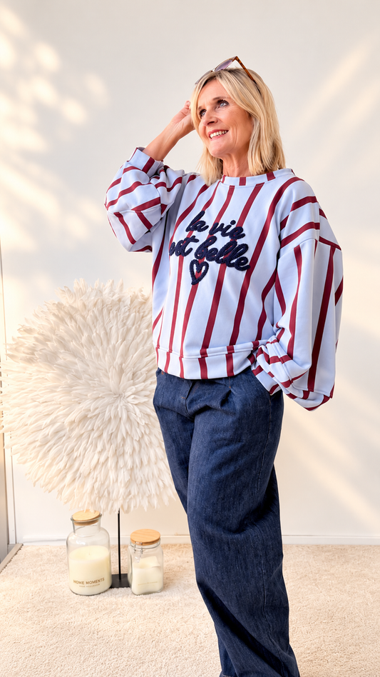 SWEATSHIRT "LA VIE" GESTREIFT IN BLAU/BORDEAUX