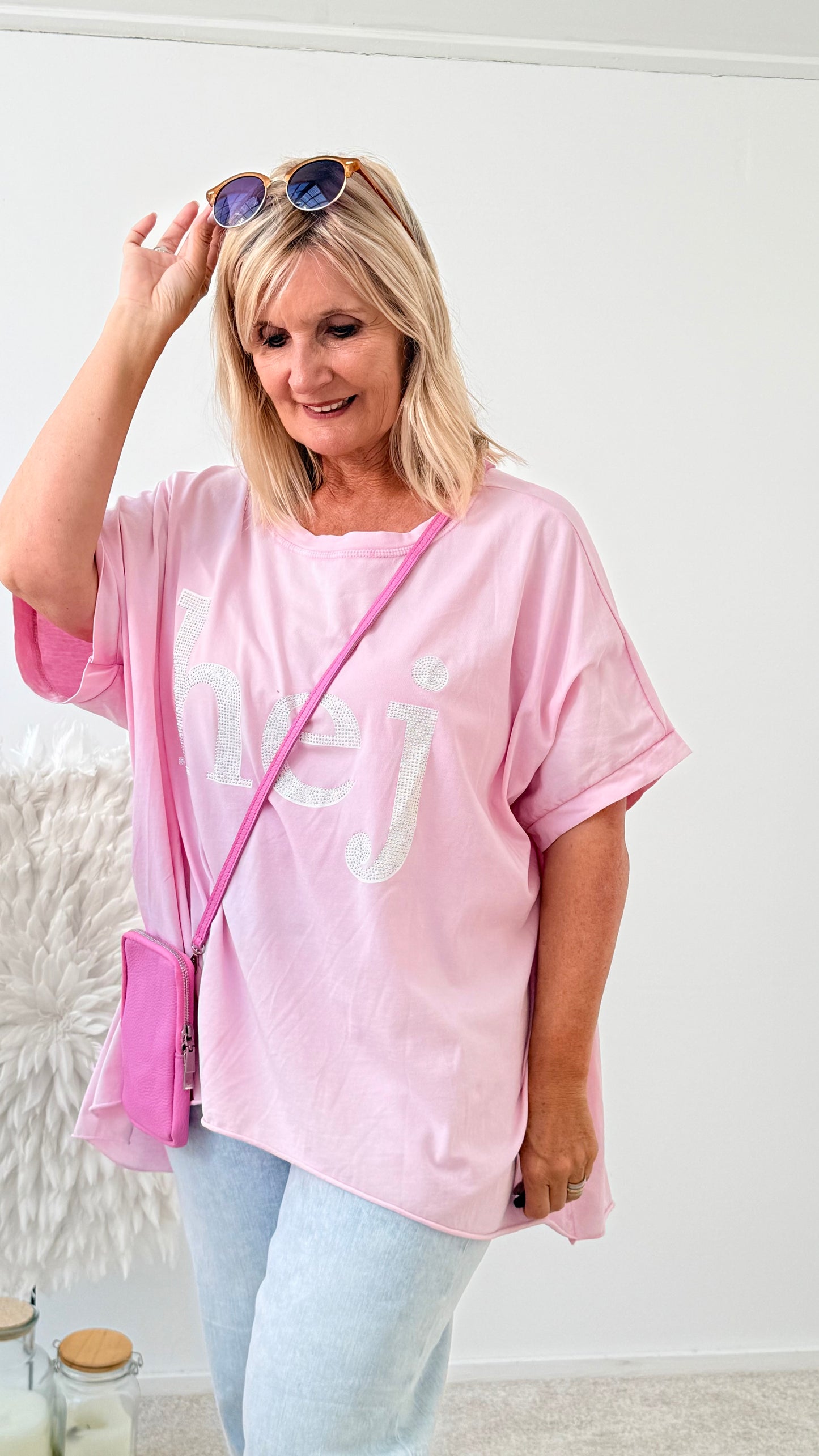 OVERSIZE SHIRT" HEJ" MIT STEINCHEN ROSA