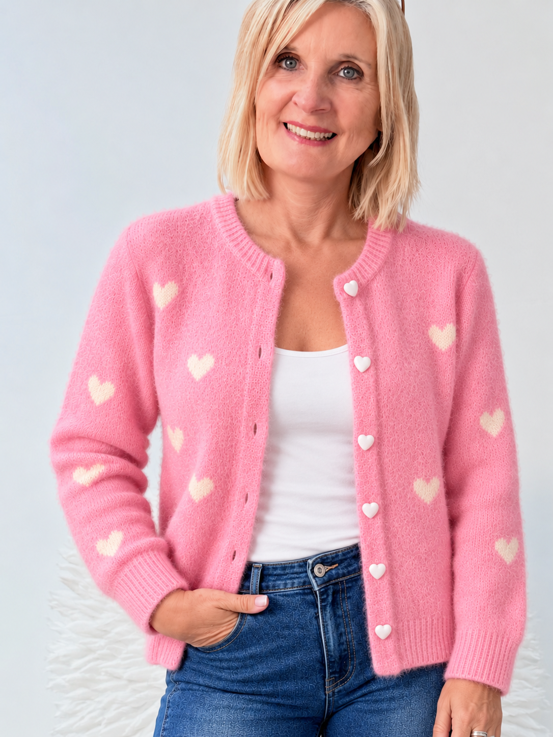 KURZ GESCHNITTENE STRICKJACKE MIT HERZEN "ROSA"