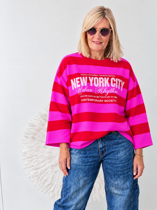 SWEATSHIRT GESTREIFT " PINK/ROT" MIT ROSA SCHRIFT